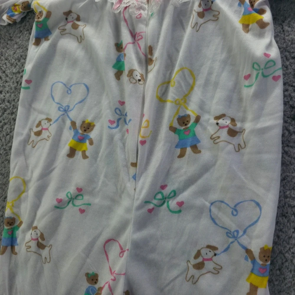 Vintage Kid Duds Girls 6X Sleeper Pajamas Bear Puppy Lace Zipper White 90s
